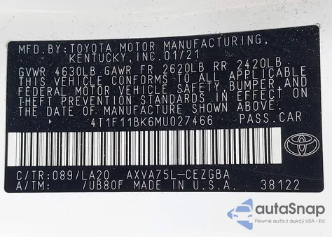 2021 Toyota Camry Xle Awd z USA, uszkodzony, nr VIN 4T1F11BK6MU027466